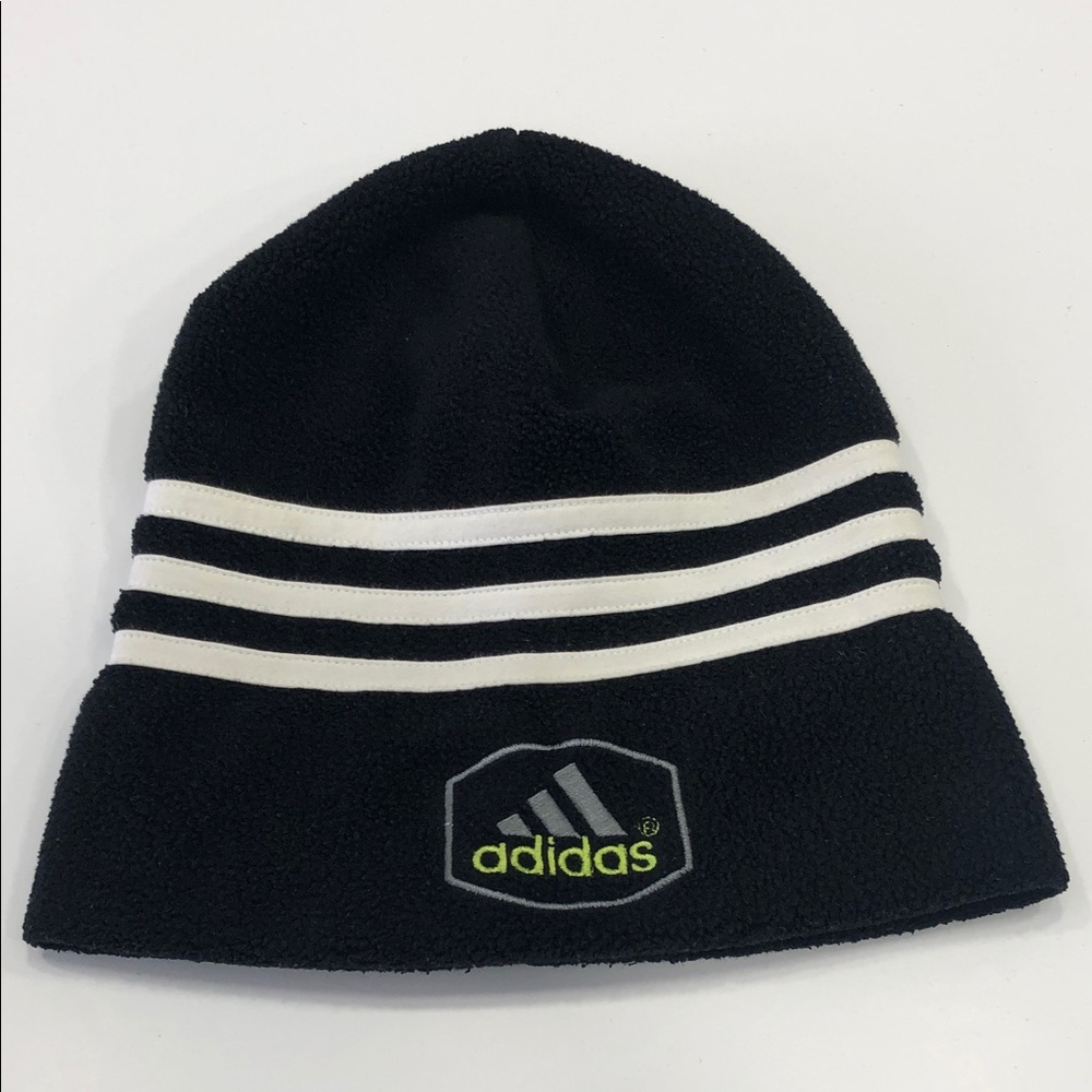 Adidas Kids Black Fleece Beanie W/ White Stripes & Trefoil Logo